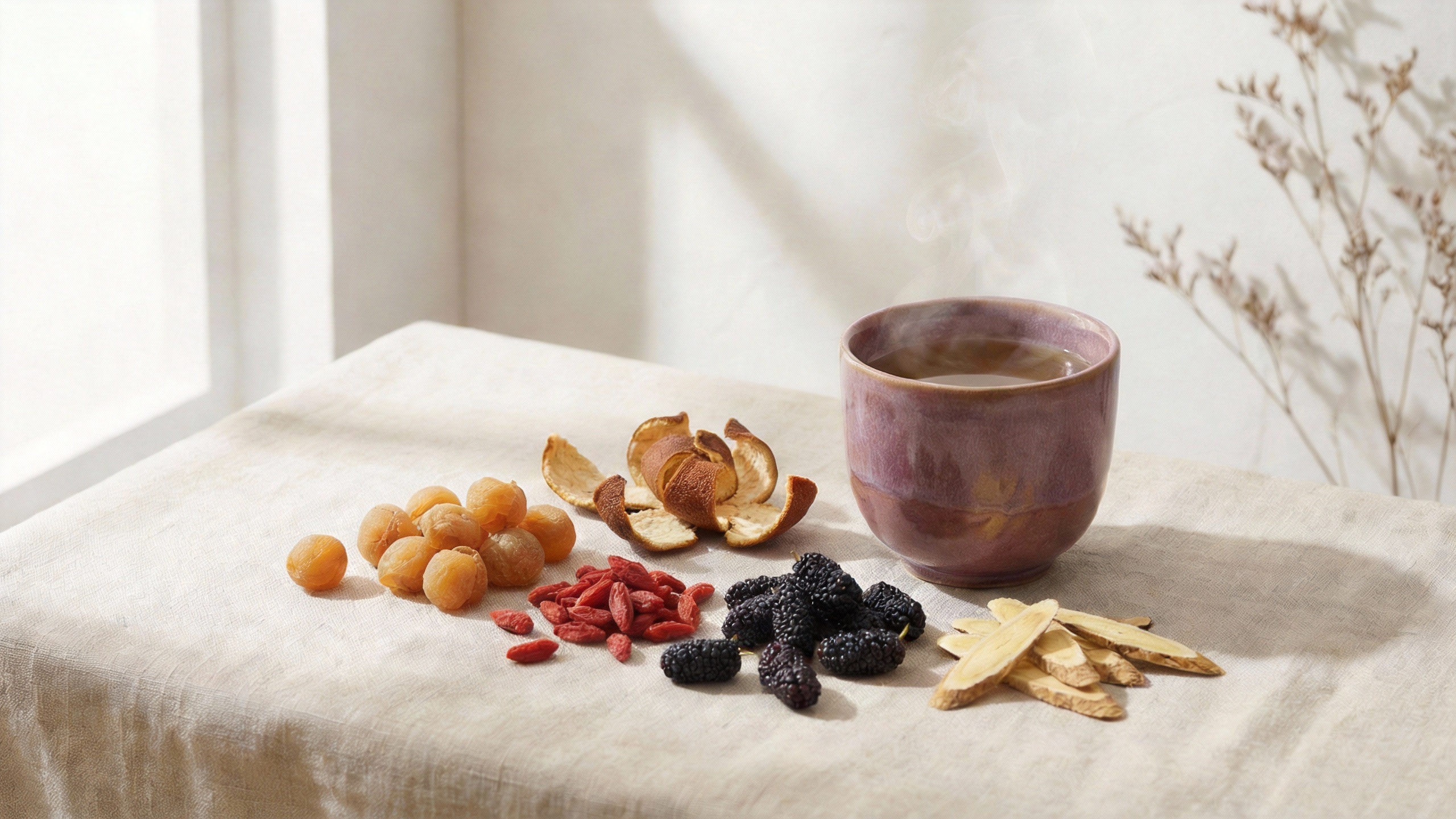 紫易良方草本精华 - 传统中式草本茶饮原料，桂圆、枸杞、乌梅、陈皮、黄芪与温暖的草本茶